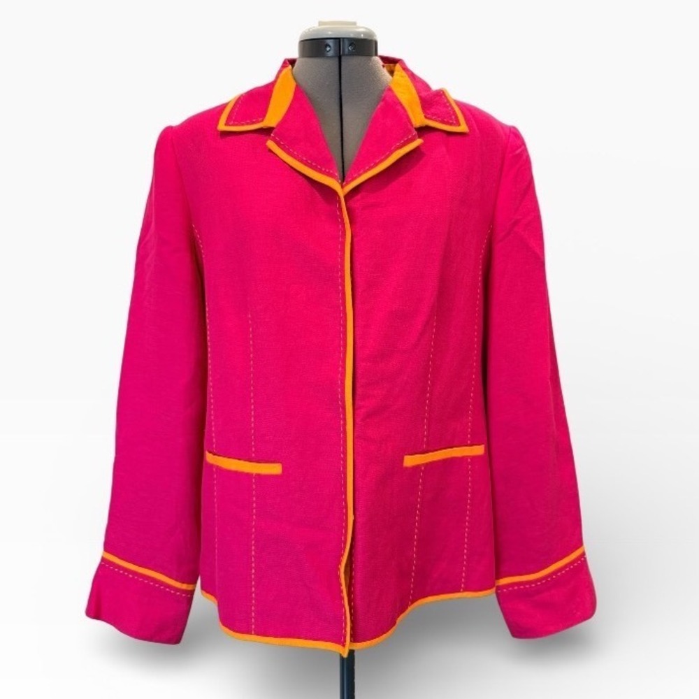 Pursuits Ltd Fuchsia Pink Linen Blend Blazer‎ Orange Trim Snap Front Size 16